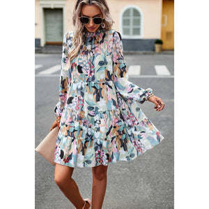 Ruffle Neck Abstract Print Long Sleeve Tiered Dress