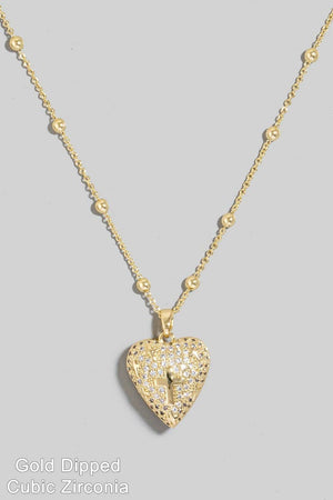 Gold Dipped Cz Pave Cross Heart Pendant Necklace