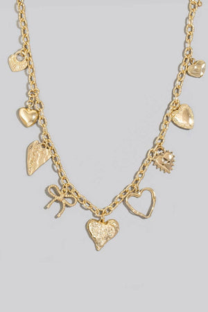 Mixed Multi Heart And Ribbon Bow Charms Chain Necklace