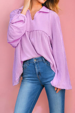 Casual Collared V Neck Long Sleeve Babydoll Blouse (S-2XL)