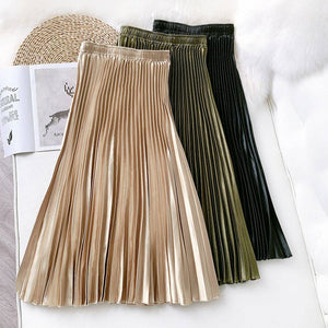 High Waist Satin Metallic Pleated Skirt
