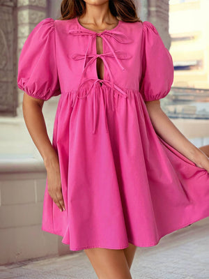 Tie Front Puff Sleeve Mini Dress