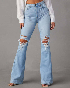 Wash ripped high-waisted style wide-leg jeans